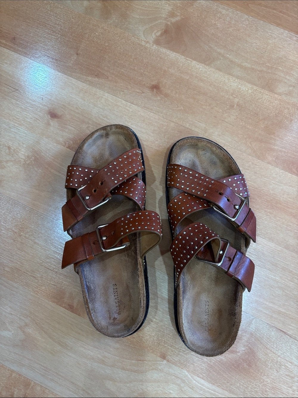 All Saints Nadia Brown Studded leather Double-Buckle Slide Sandals 9